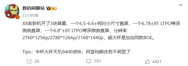 OPPOFindX8系列曝料：三款屏幕配置，6.5至6.8英寸全覆盖