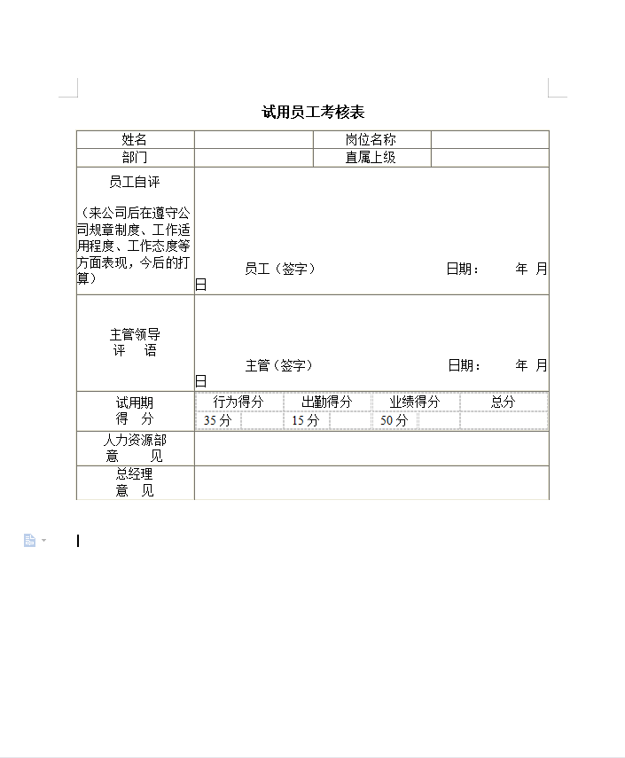 试用员工考核表