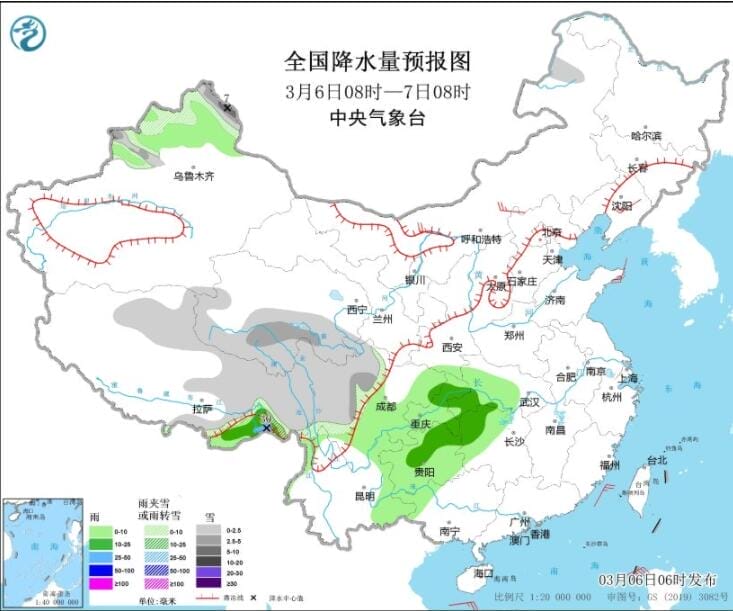 冷空气影响新疆东北等有降雪 未来3天云贵川渝等多阴雨