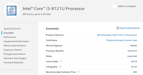 Intel正式公布首颗10nm处理器i38121U：支持LPDDR4