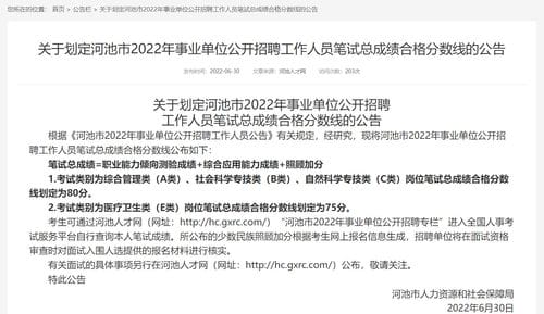 关于划定广西河池市2022年事业单位公开招聘工作人员笔试总成绩合格分数线的公告