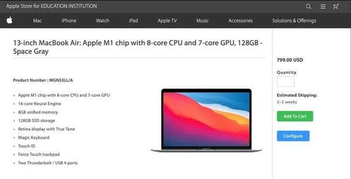 799美元的128GB存储容量版M1 MacBook Air正在苹果教育渠道销售
