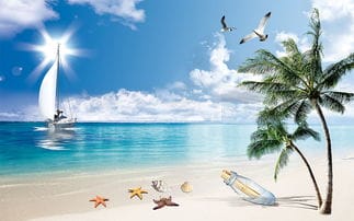 海边椰树蓝天白云帆船风景壁画